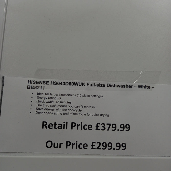 Grade A HISENSE HS643D60WUK Full-size Dishwasher - White BB6211