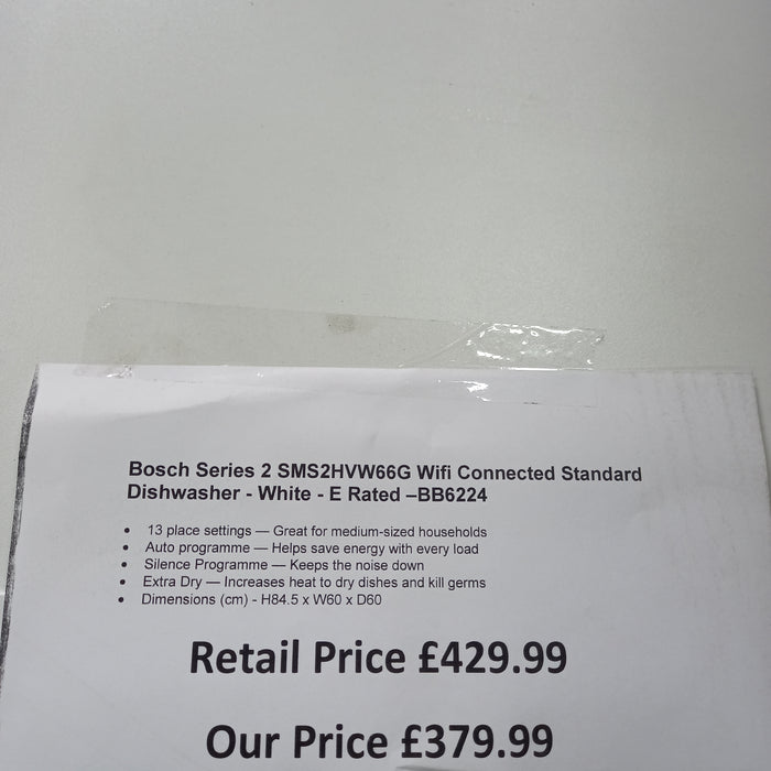 Grade A Bosch Series 2 SMS2HVW66G Wifi Connected Standard Dishwasher - White - E Rated BB6224