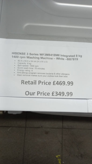 Grade A HISENSE 3 Series WF3M841BWI Integrated 8 kg 1400 rpm Washing Machine - White BB7819