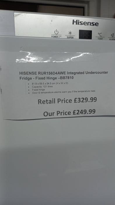 Grade A HISENSE RUR156D4AWE Integrated Undercounter Fridge - Fixed Hinge BB7810