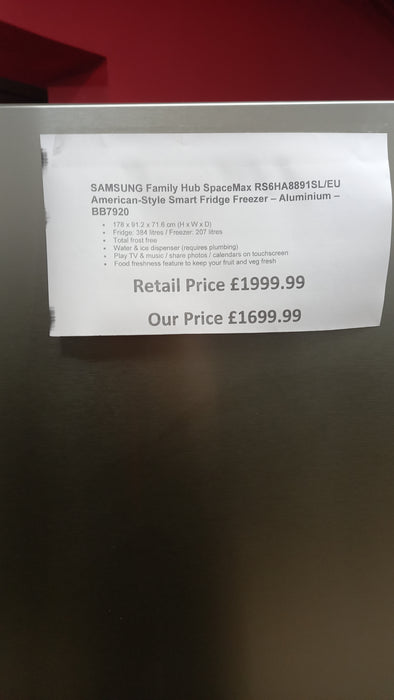 Grade A SAMSUNG Family Hub SpaceMax RS6HA8891SL/EU American-Style Smart Fridge Freezer - Stainless Steel BB7920