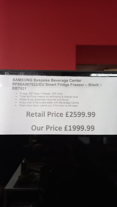 Grade A SAMSUNG Bespoke Beverage Center RF65A967622/EU Smart Fridge Freezer - Black BB7921