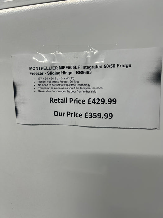 Grade A MONTPELLIER MIFF505LF Integrated 50/50 Fridge Freezer - Sliding Hinge BB9693