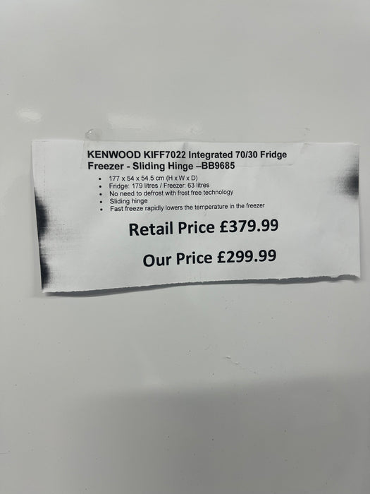 Grade A KENWOOD KIFF7022 Integrated 70/30 Fridge Freezer - Sliding Hinge BB9685