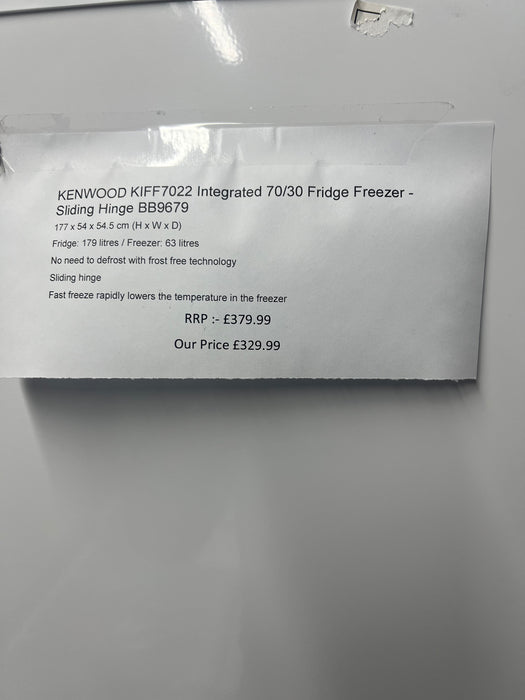 Grade A KENWOOD KIFF7022 Integrated 70/30 Fridge Freezer - Sliding Hinge BB9679